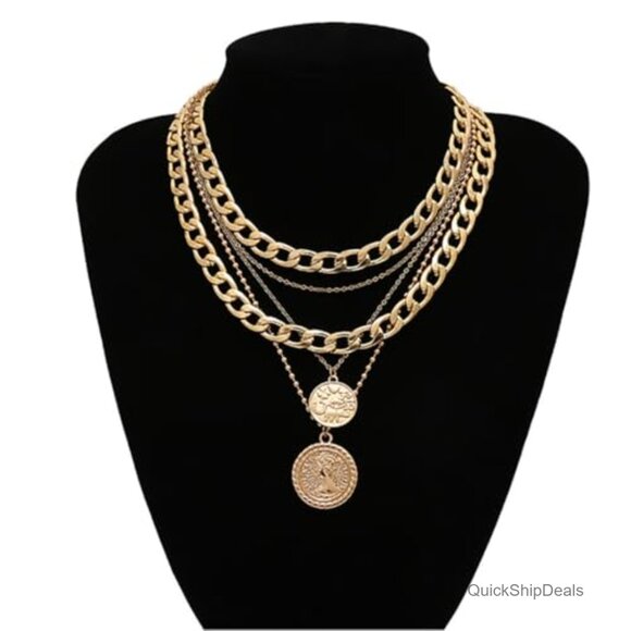 Chunky Coin Pendant Necklace Layered Cuban Link Chain Statement - Picture 3 of 3